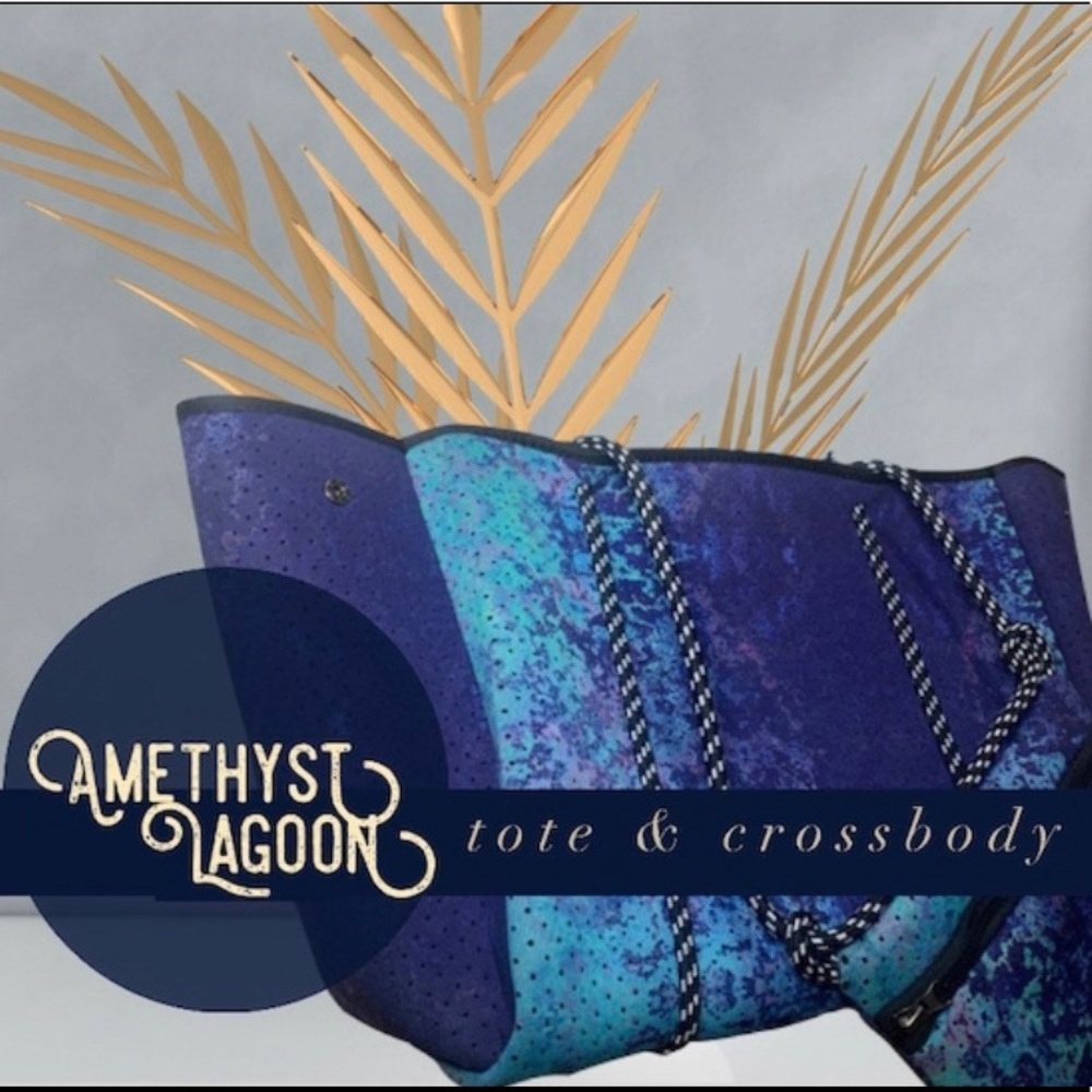 Amethyst Lagoon Neoprene TOTE bag violet blue +weathered aqua w base & purse